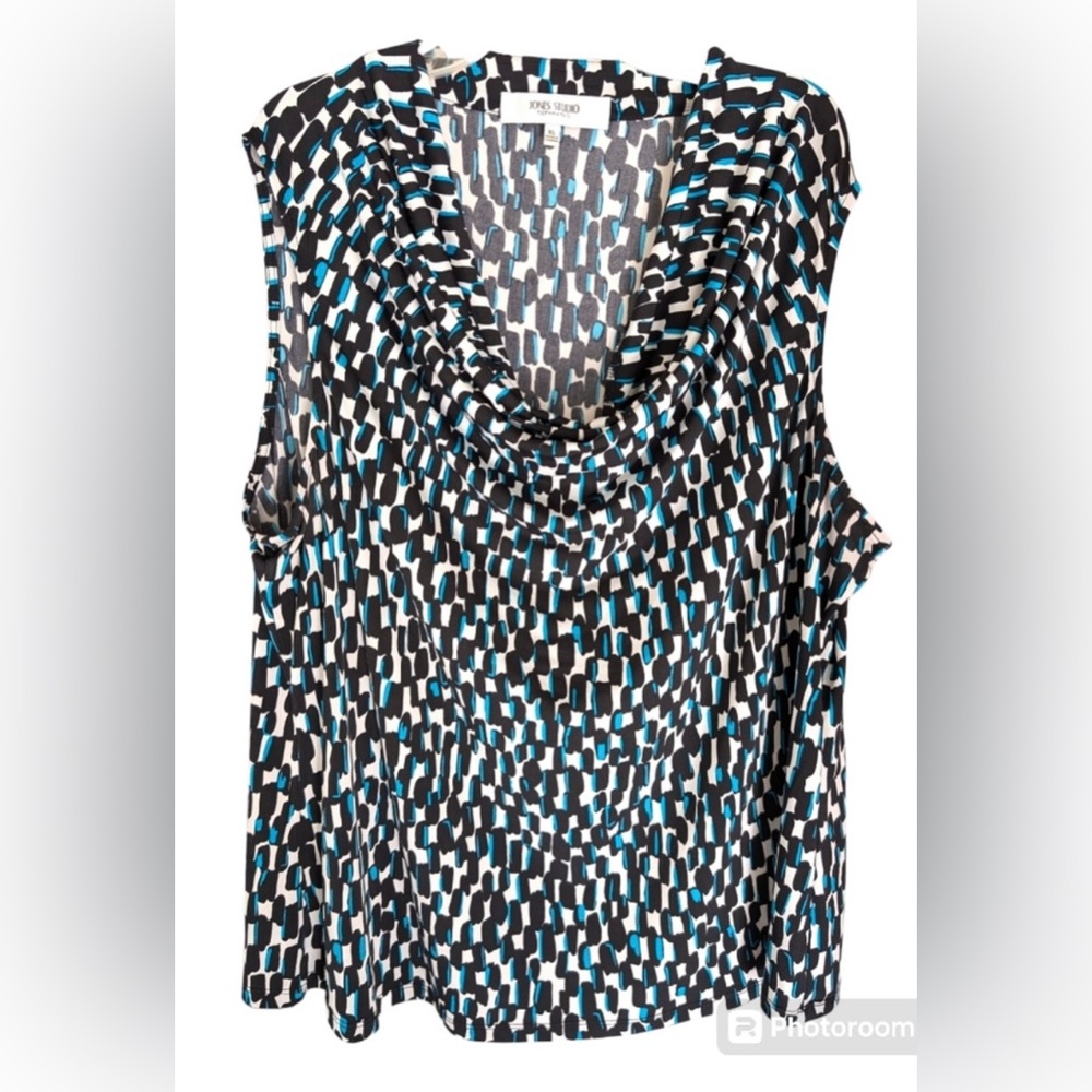 🍪Jones Studio Cowl Neck Abstract Sleeveless Blouse Blue and Black XL